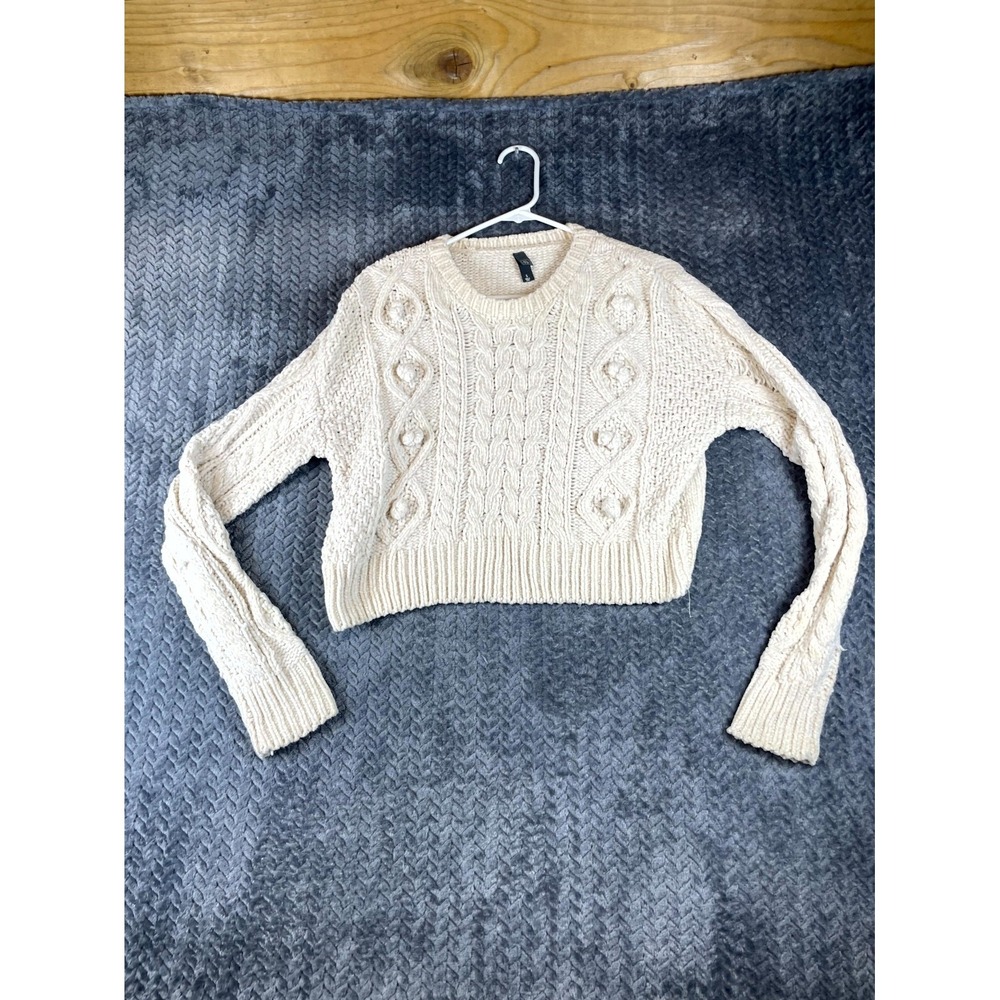 Alya Cropped Sweater Womens Small Beige Geometric Cable Knit Ribbed Trim Winter